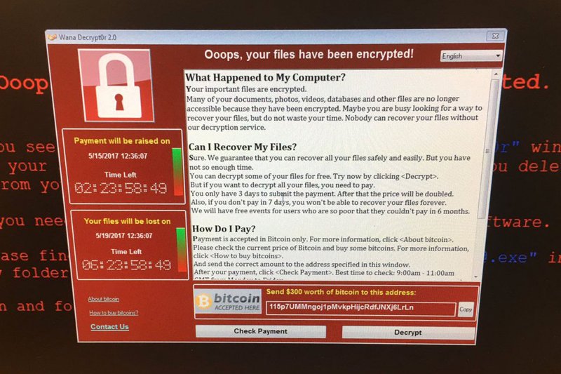 勒索病毒「哭哭」(WannaCry)要求贖金的畫面。(美聯社) 勒索病毒「哭哭」(WannaCry)要求贖金的畫面。(美聯社)