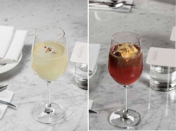 Domani 為義式餐廳,所以酒品以威尼斯調酒 Spritz 為基底,加上台灣花果材料做變化,白花(左)加入台灣野薑花,口感淡雅不甜膩;樹果(右)以台灣龍眼蜜入酒,加上藍莓和蘋果白蘭地,味道香甜,適合女性飲用。(圖/明日誌MOT TIMES提供) Domani 為義式餐廳,所以酒品以威尼斯調酒 Spritz 為基底,加上台灣花果材料做變化,白花(左)加入台灣野薑花,口感淡雅不甜膩;樹果(右)以台灣龍眼蜜入酒,加上藍莓和蘋果白蘭地,味道香甜,適合女性飲用。(圖/明日誌MOT TIMES提供)