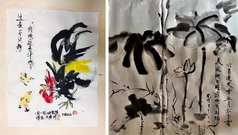 艾曉明的水墨作品雞年(左)與墨荷(右)。(作者提供) 艾曉明的水墨作品雞年(左)與墨荷(右)。(作者提供)