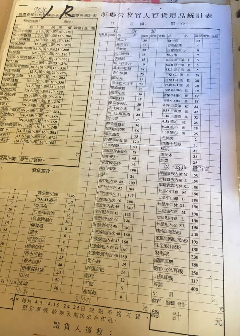 監獄裡的一切文件、形事裁定文件他全都保存下來,藉以警惕自己。圖為當時監獄裡日用品的購買單。(圖/鐘敏瑜攝) 監獄裡的一切文件、形事裁定文件他全都保存下來,藉以警惕自己。圖為當時監獄裡日用品的購買單。(圖/鐘敏瑜攝)