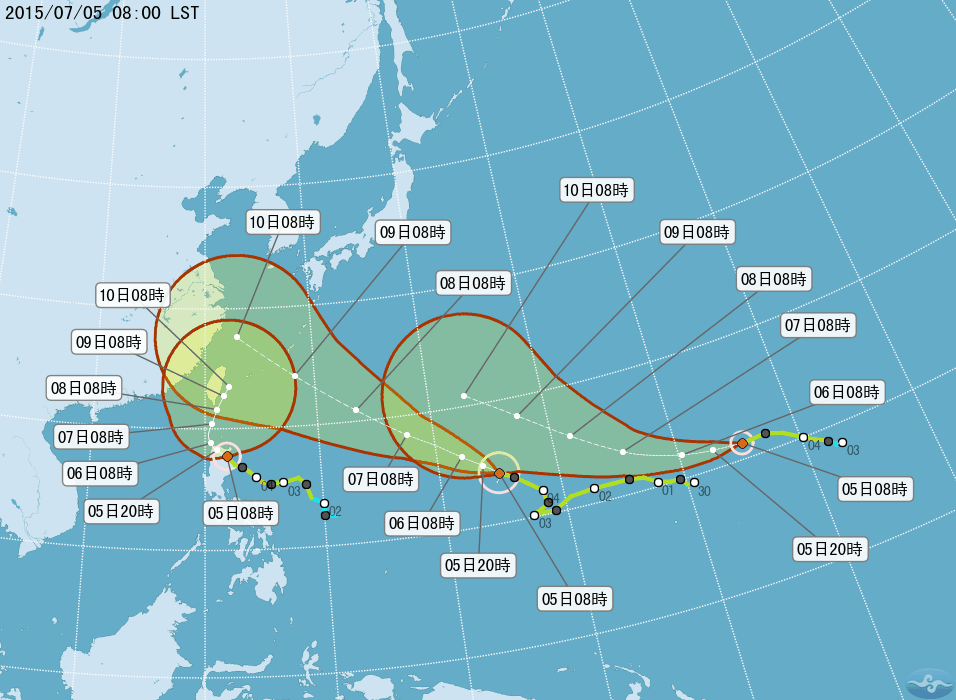 由左至右:蓮花颱風、昌鴻颱風、南卡颱風 由左至右:蓮花颱風、昌鴻颱風、南卡颱風