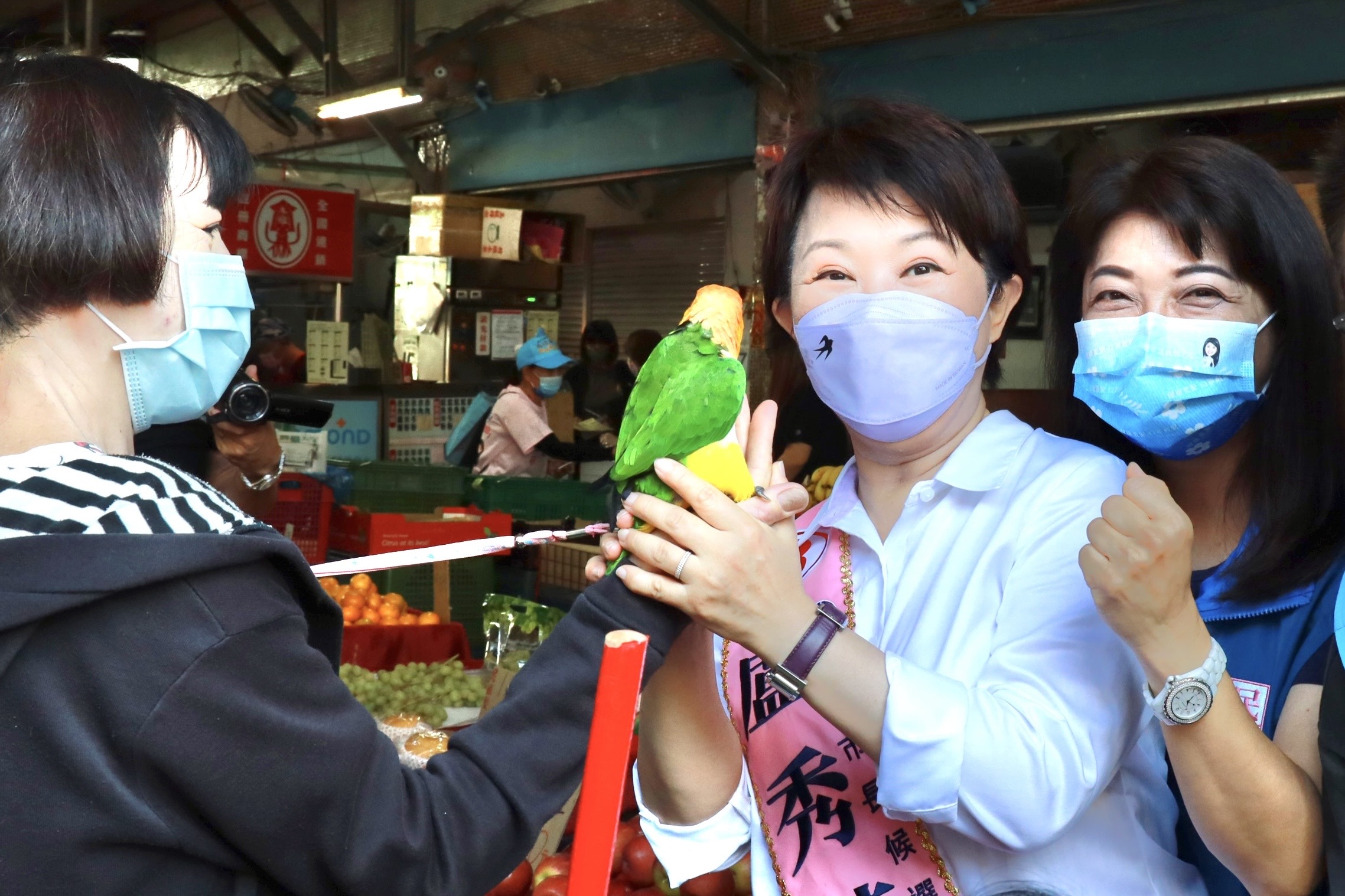 買菜民眾帶著鸚鵡出門，讓盧秀燕直呼好可愛，鸚鵡還對著盧秀燕喊凍蒜，讓她既驚又喜。（圖/盧秀燕競選總部提供）