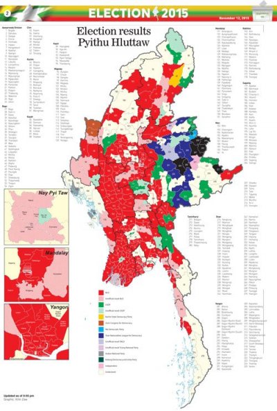 截至11月12日，緬甸大選的最新結果。紅色部分是全民盟、綠色部分是鞏發黨、淺黃色是尚未開出結果。（緬甸時報）