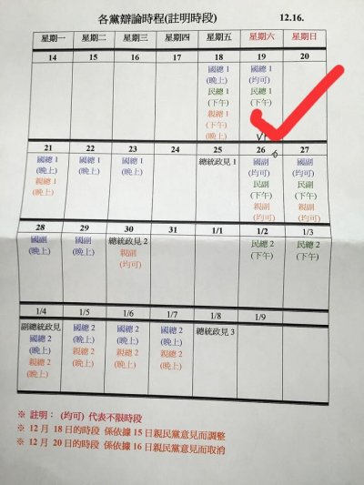 朝野政黨對正副總統候選人辯論時間主張對照表。(民進黨提供).jpg 朝野政黨對正副總統候選人辯論時間主張對照表。(民進黨提供).jpg