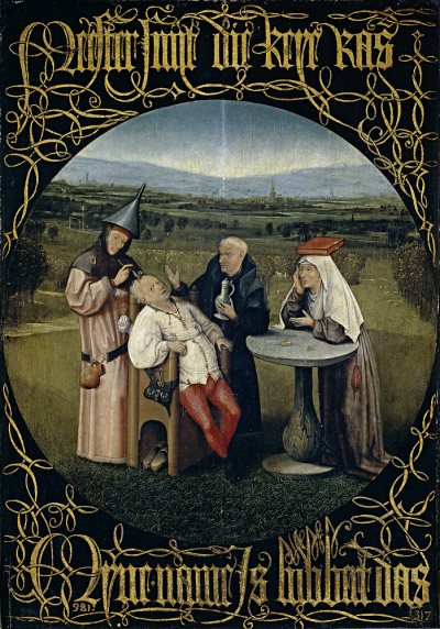 荷蘭畫家 Hieronymus Bosch 的畫作:《愚蠢療法》,描繪當時理髮師替病人進行開腦手術,諷刺當時醫學不發達的荒唐行為。(圖/《解碼臺灣史 1550-1720 》,翁佳音、黃驗提供) 荷蘭畫家 Hieronymus Bosch 的畫作:《愚蠢療法》,描繪當時理髮師替病人進行開腦手術,諷刺當時醫學不發達的荒唐行為。(圖/《解碼臺灣史 1550-1720 》,翁佳音、黃驗提供)