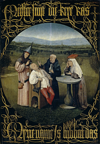 荷蘭畫家 Hieronymus Bosch 的畫作：《愚蠢療法》，描繪當時理髮師替病人進行開腦手術，諷刺當時醫學不發達的荒唐行為。（圖／《解碼臺灣史 1550-1720 》，翁佳音、黃驗提供）