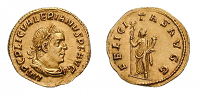刻有瓦勒良側面像的金幣,背面為幸運女神像(維基百科@Classical Numismatic Group/CC BY-SA 3.0) 刻有瓦勒良側面像的金幣,背面為幸運女神像(維基百科@Classical Numismatic Group/CC BY-SA 3.0)