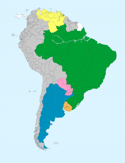 南方共同市場（Mercosur ），黃色部分為2017年遭開除會籍的委內瑞拉。（Camilo Sanchez@wikipedia_CCBYSA3.0）