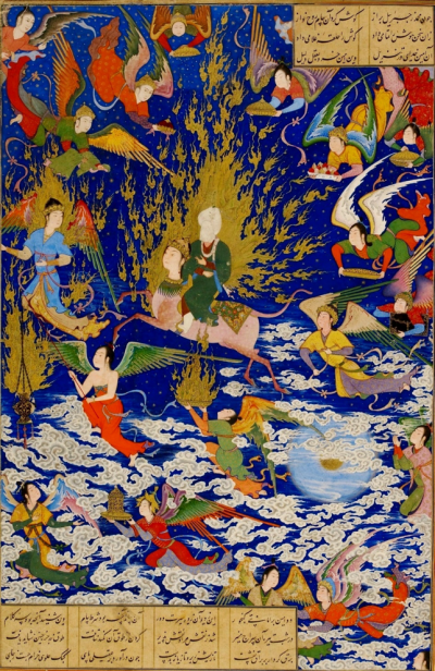20200103-穆罕默德夜行登霄圖,由波斯詩人尼札米(Nizami Ganjavi)繪於1539-1543年。(作者提供) 20200103-穆罕默德夜行登霄圖,由波斯詩人尼札米(Nizami Ganjavi)繪於1539-1543年。(作者提供)