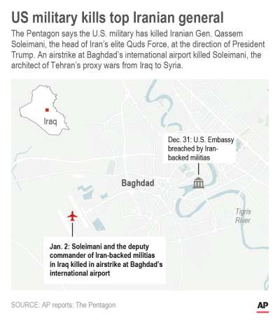 美軍空襲伊朗特種部隊「聖城軍」司令蘇萊曼尼搭乘座機，地點距離美國駐伊拉克大使館不遠。（AP）