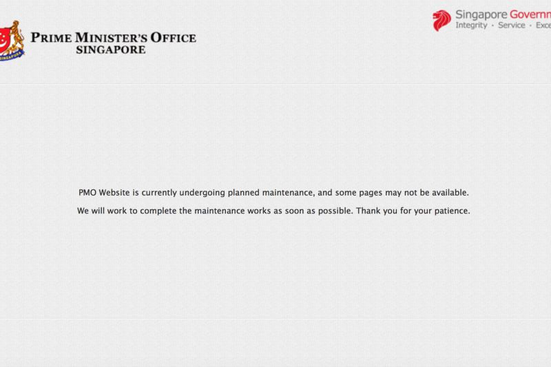 新加坡總理公署網站在18日晚間處於維修關站狀態。（翻攝網路）