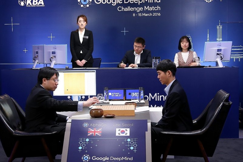 南韓棋手李世石九段（前右）2016年3月15日在首爾與「AlphaGo」第五場對弈。（新華社）