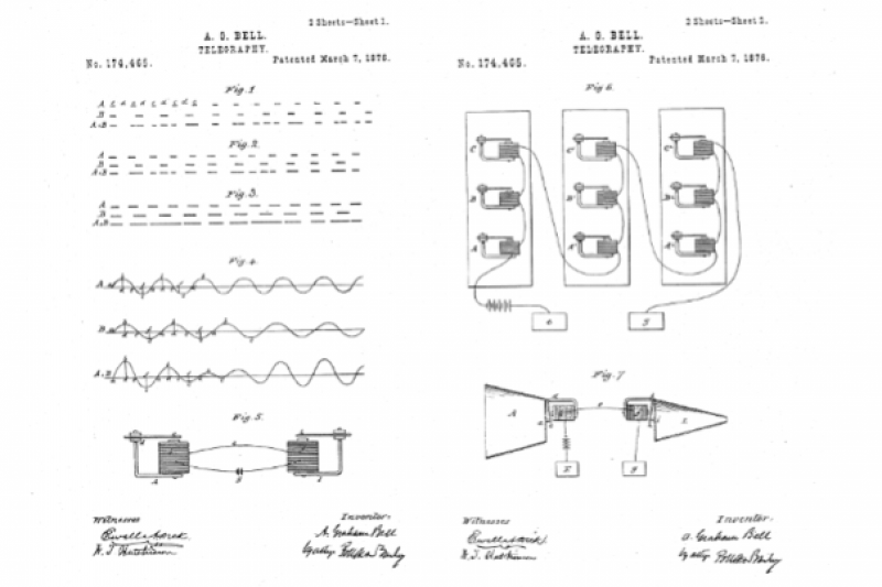 貝爾的電話專利書中所附的說明圖。（圖/美國專利局）