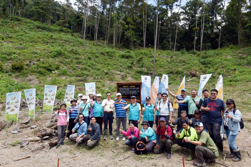 林務局屏東林管處、工作站人員日月光文教基金會與在苗木栽植林地開心合影。 (圖／林務局提供)