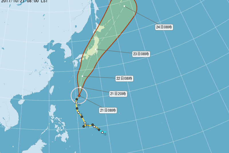 中央氣象局21日上午表示，蘭恩颱風已增強為強烈颱風，受到外圍環流與東北風共同影響，周六到下周三北部、東北部低溫恐降至18度。（中央氣象局提供）