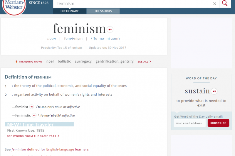 《韋氏字典》2017年度字彙：女性主義（翻攝韋氏字典官網）