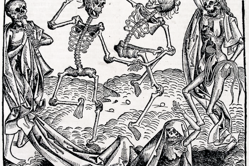 死亡之舞或骷髏之舞,受到黑死病的啟發,普遍出現在中世紀晚期的繪畫主題。(取自維基百科) 死亡之舞或骷髏之舞,受到黑死病的啟發,普遍出現在中世紀晚期的繪畫主題。(取自維基百科)