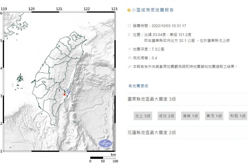 今天上午10時31分發生芮氏規模3.4地震。（圖／中央氣象局）
