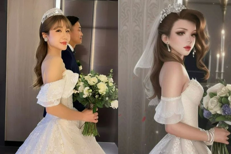 人妻拿婚紗照玩AI繪圖,結果新郎在照片中變成了她的劉海。(圖/翻攝自Dcard) 人妻拿婚紗照玩AI繪圖,結果新郎在照片中變成了她的劉海。(圖/翻攝自Dcard)