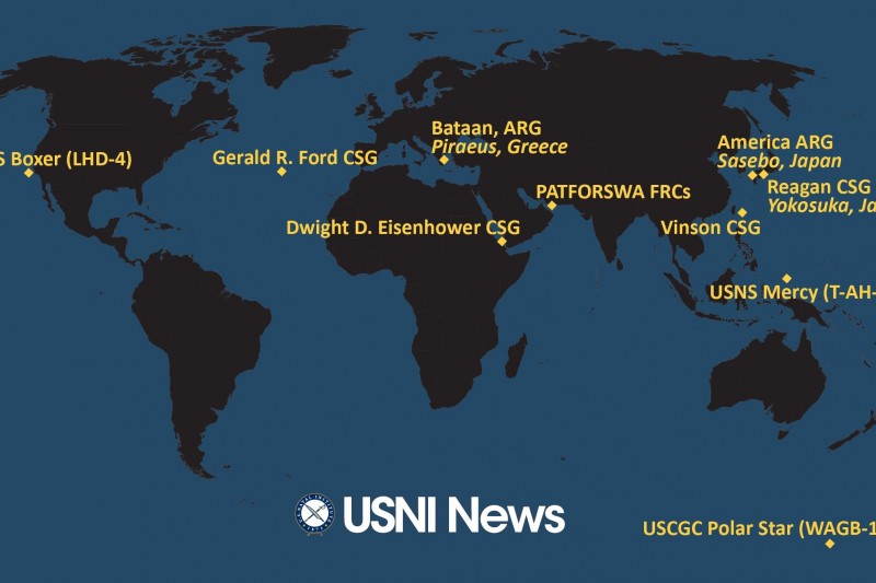 美國海軍研究協會新聞（USNI News）的美軍航艦部署現況圖，美軍航空母艦卡爾文森號1月11日出現在台灣東部外海。（翻攝網路）