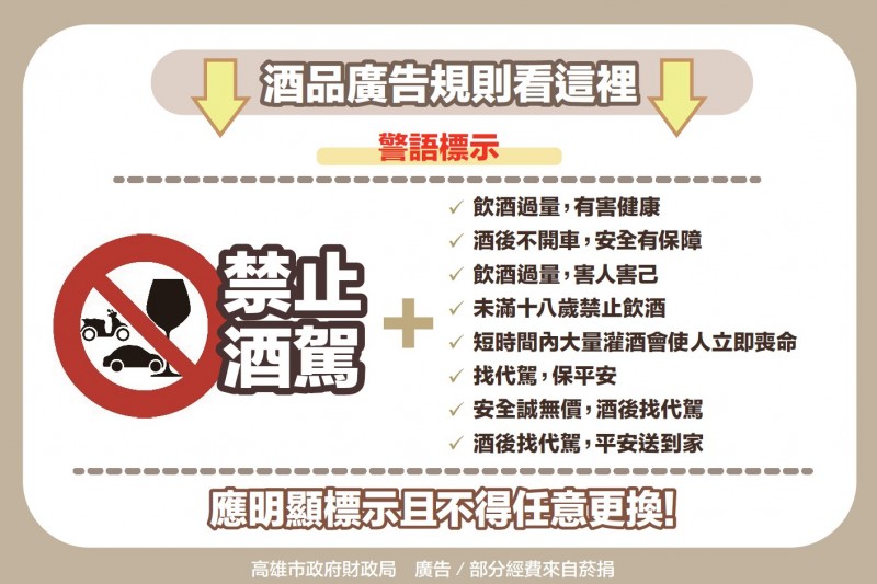 酒品廣告或促銷應明顯標示警語。（圖/高雄市政府財政局提供）