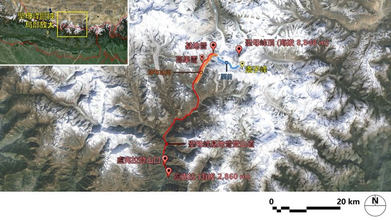 聖母峰區域圖(圖片來源:Google Earth整理) 聖母峰區域圖(圖片來源:Google Earth整理)