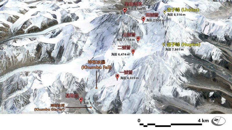 聖母峰頂區域西南側鳥瞰圖(圖片來源:Google Earth整理) 聖母峰頂區域西南側鳥瞰圖(圖片來源:Google Earth整理)