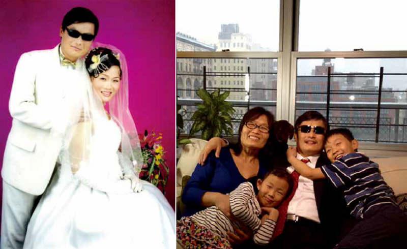 陳光誠與袁偉靜於2003年成婚(左),陳光誠抵美後的全家福(右)。(八旗文化提供) 陳光誠與袁偉靜於2003年成婚(左),陳光誠抵美後的全家福(右)。(八旗文化提供)