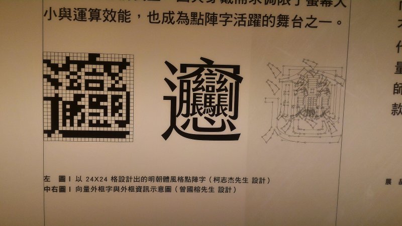 以中國特色麵食名之罕見字來呈現點陣字和向量外框字的緣由,吸引了參觀民眾佇足。(陳麗茹 /攝) 以中國特色麵食名之罕見字來呈現點陣字和向量外框字的緣由,吸引了參觀民眾佇足。(陳麗茹 /攝)