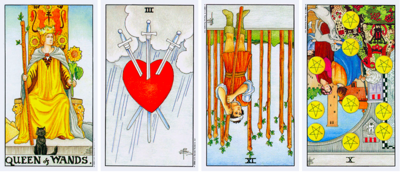 天秤座 牌一：權杖皇后 正位 牌二：寶劍三 正位 牌三：權杖九 逆位 牌四：錢幣十 逆位