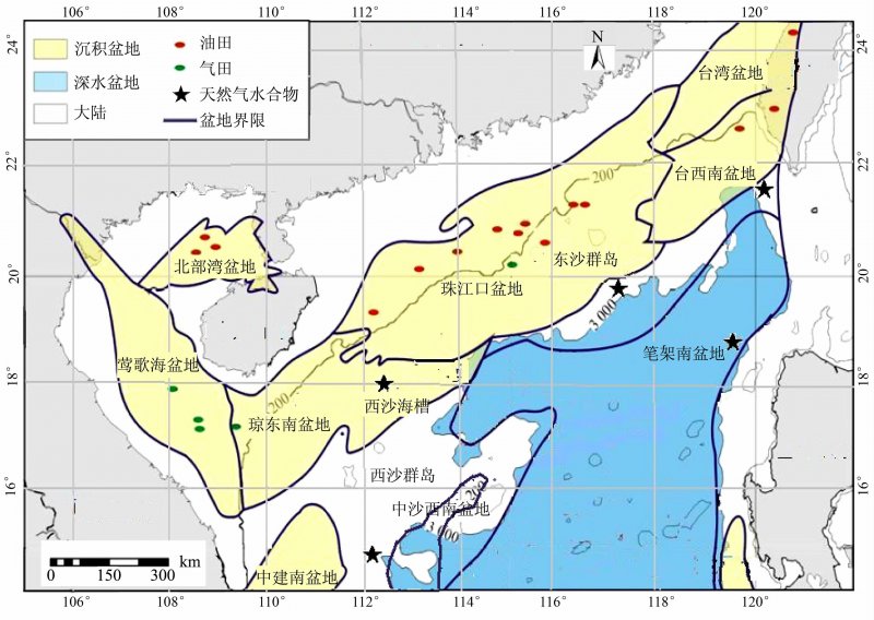 圖五：南海北部大陸邊緣沈積盆地及油氣田、天然氣水合物分布圖。本圖取自王洁等人2012年發表於「國土資源遙感」學刊「南海北部臨震前海表增溫異常與油氣藏區分佈的關係」論文。