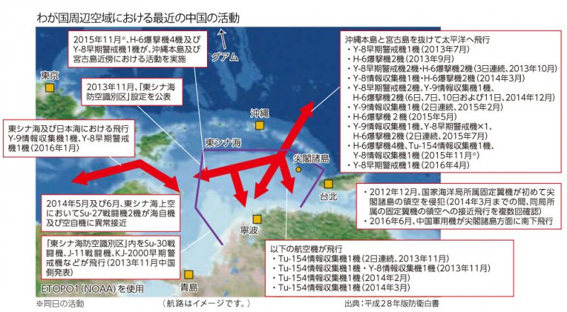 日本防衛省所記錄的中國軍機近年活動。（平成28年版日本防衛白皮書）