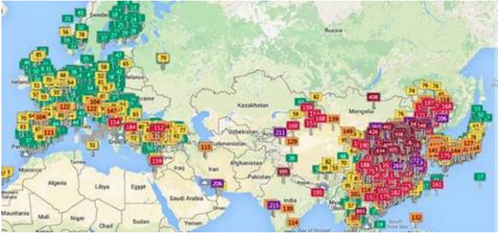 2015年的一張PM2.5分佈地圖。（作者提供）