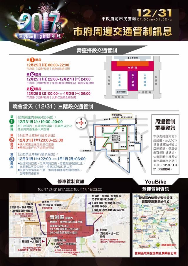 交通局釋出市府周邊相關管制圖例，包含停車管制及UBIKE示意圖（交通局提供）