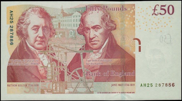 英格蘭銀行在2011年發行的50英鎊面額鈔票。 (圖由作者提供) 英格蘭銀行在2011年發行的50英鎊面額鈔票。 (圖由作者提供)