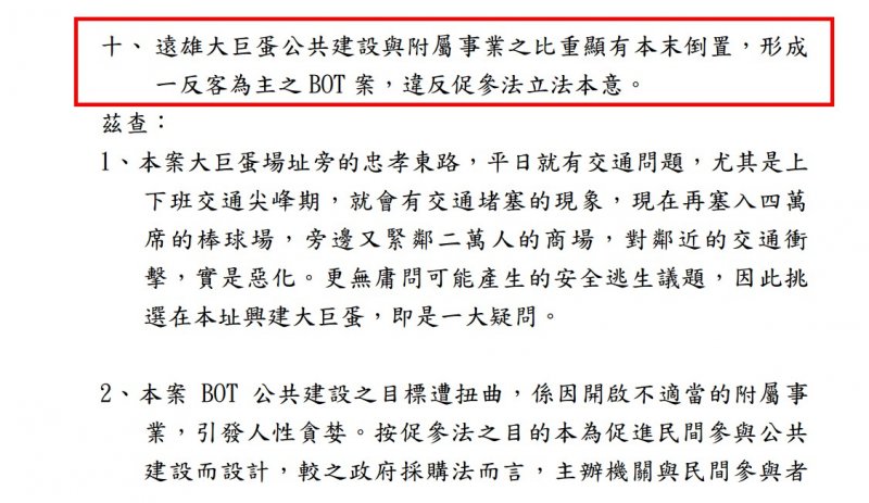 2015年初柯文哲成立的「廉政透明委員會」調查大巨蛋案,明確指出「遠雄大巨蛋公共建設與附屬事業之比重顯有本末倒置,形成一反客為主之BOT案,違反促參法立法本意」,與現在立場相反。(取自大巨蛋案調查報告) 2015年初柯文哲成立的「廉政透明委員會」調查大巨蛋案,明確指出「遠雄大巨蛋公共建設與附屬事業之比重顯有本末倒置,形成一反客為主之BOT案,違反促參法立法本意」,與現在立場相反。(取自大巨蛋案調查報告)
