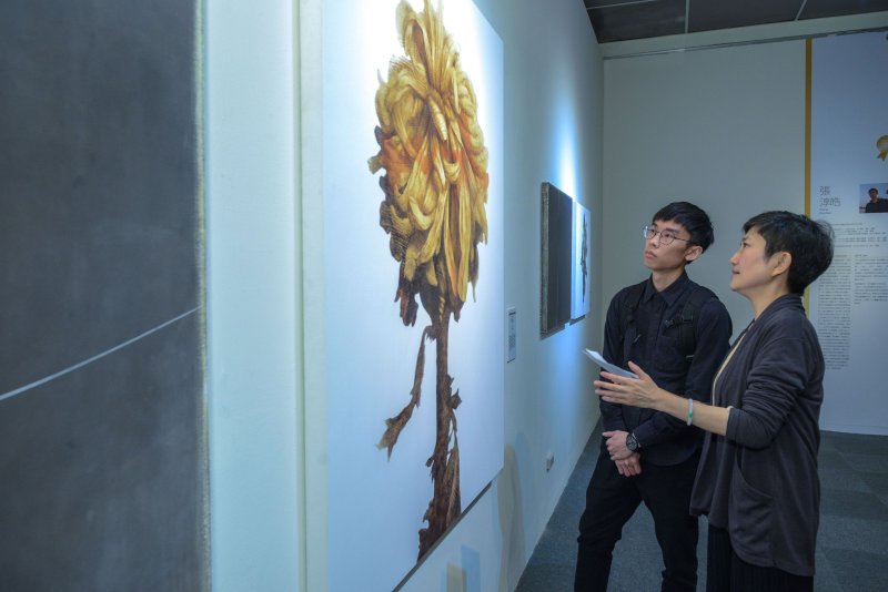 2017高雄獎展場一景：高雄獎張淳皓為高美館館長李玉玲解說作品。（圖／高雄市立美術館提供）