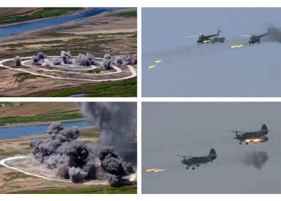 北韓4日舉行以打擊航母為想定的空軍實彈演練。(勞動新聞) 北韓4日舉行以打擊航母為想定的空軍實彈演練。(勞動新聞)