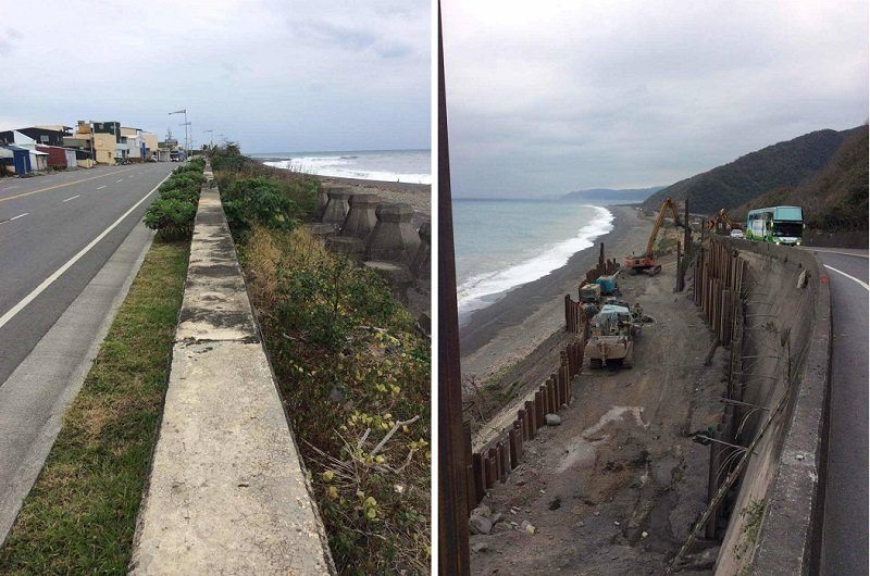 圖片正中是濱海公路的隔牆,高度約0.8米(左);這樣的濱海公路路段將海岸生態一分為二(右)。(寇延丁提供) 圖片正中是濱海公路的隔牆,高度約0.8米(左);這樣的濱海公路路段將海岸生態一分為二(右)。(寇延丁提供)