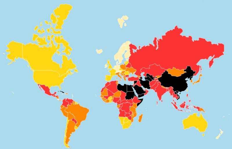 RSF每年都評比全球各國的言論自由狀況並發表報告，以白、黃、橘、紅、黑色代表各國新聞自由等級。在4月的最新報告中，台灣排名45，是亞洲地區唯一被標示為黃色的國家。（取自RSF網站）