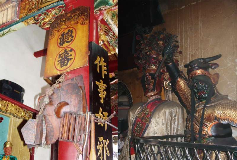主宰地獄司法的廟通常很陰森,會有像衙門一樣的刑具,以及面相猙獰的判官,給予做虧心事的人精神刑求。(圖/康豹提供) 主宰地獄司法的廟通常很陰森,會有像衙門一樣的刑具,以及面相猙獰的判官,給予做虧心事的人精神刑求。(圖/康豹提供)