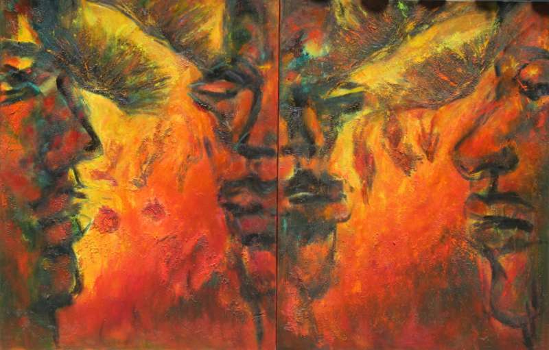 朱孟庠畫作〈折翼天使之墜入火坑〉2016 233×91 cm 油畫 朱孟庠畫作〈折翼天使之墜入火坑〉2016 233×91 cm 油畫