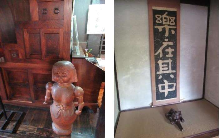 左圖中的後方箱型階梯是濱田庄司的入厝禮,右圖為和室內的掛軸(圖/秋禾提供) 左圖中的後方箱型階梯是濱田庄司的入厝禮,右圖為和室內的掛軸(圖/秋禾提供)