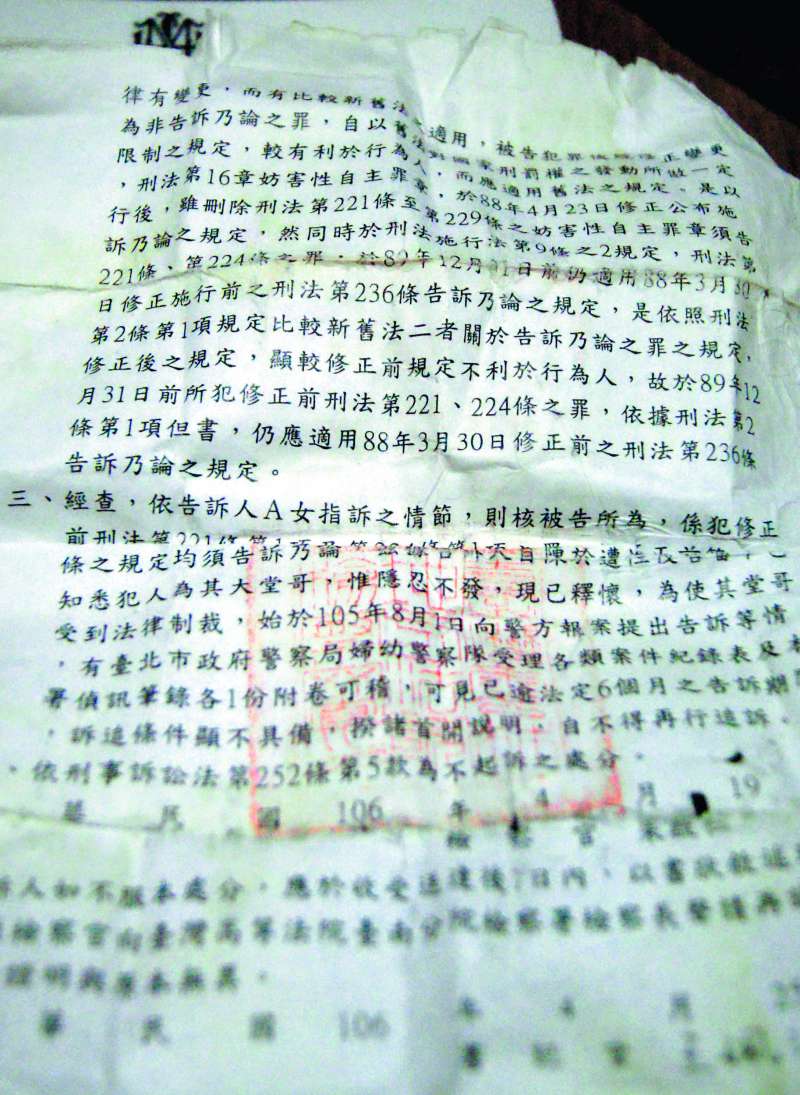 不起訴書被摺疊揉爛,看來夜娜常反覆觀看,像是心頭上的一根刺。(夜娜提供) 不起訴書被摺疊揉爛,看來夜娜常反覆觀看,像是心頭上的一根刺。(夜娜提供)
