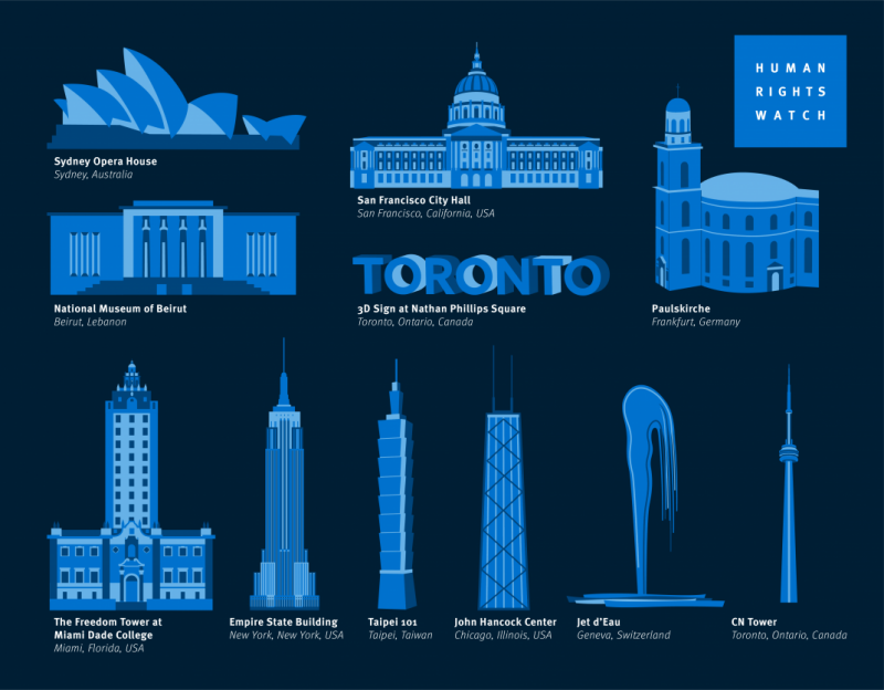 國際組織「人權觀察」宣布在12月10日當天將全球24座地標打上鮮明藍光，以慶祝「世界人權日」（HRW）