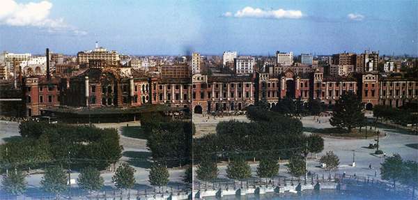 1945年的東京車站,可見站體已遭美軍炸燬。(作者翻攝自文藝春秋1983年8月號) 1945年的東京車站,可見站體已遭美軍炸燬。(作者翻攝自文藝春秋1983年8月號)