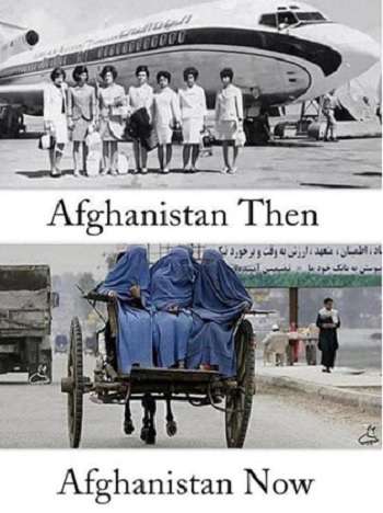 Then vs. Now. 網路上流傳的阿富汗今昔對比圖。諷刺的是,第二張圖右下角還保留著PS痕跡。(圖/澎湃新聞提供) Then vs. Now. 網路上流傳的阿富汗今昔對比圖。諷刺的是,第二張圖右下角還保留著PS痕跡。(圖/澎湃新聞提供)