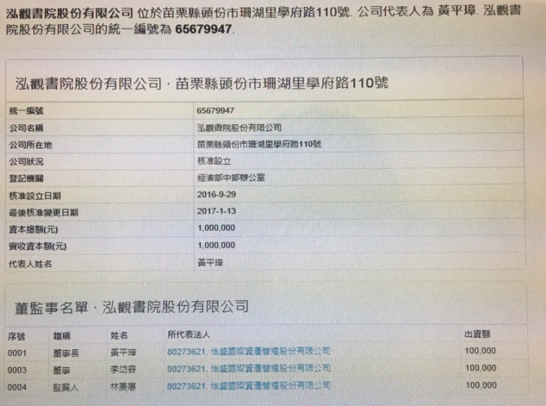 20180208-怡盛集團董事長黃平璋以個人名義設立泓觀書院股份有限公司，該私人公司設置地點於學校，但尚無與校方簽屬合作契約、也未給付租金。（高教工會提供）