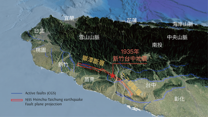 1935 年發生新竹─台中地震,由震央往南北兩方向破裂,往北是獅潭斷層,往南是屯子腳斷層。(圖/李憲忠,研之有物提供) 1935 年發生新竹─台中地震,由震央往南北兩方向破裂,往北是獅潭斷層,往南是屯子腳斷層。(圖/李憲忠,研之有物提供)