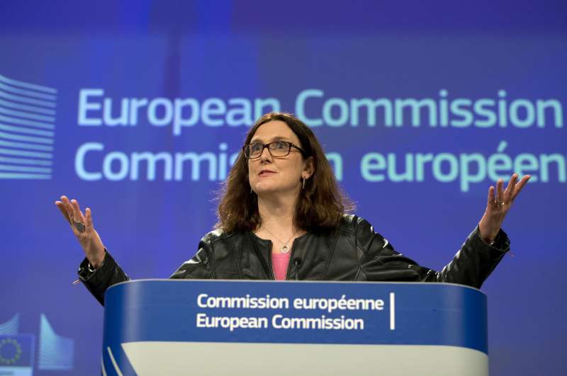 歐盟執委會（EU Commission）貿易事務專員（部長）梅爾斯壯（Cecilia Malmström）美國加徵鋼鋁關稅發表談話（AP）